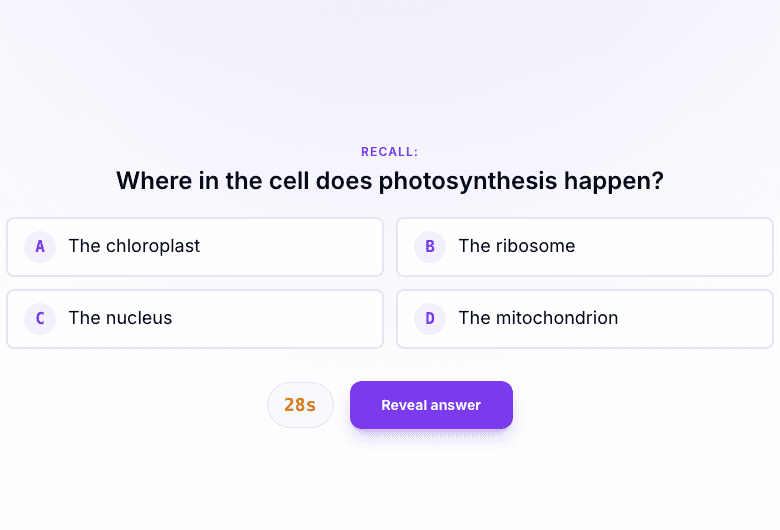 Teacher host screen showing the photosynthesis question and four answer options