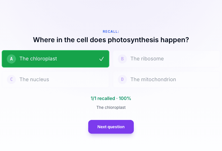 Teacher host reveal showing the chloroplast as correct and one of one recalled