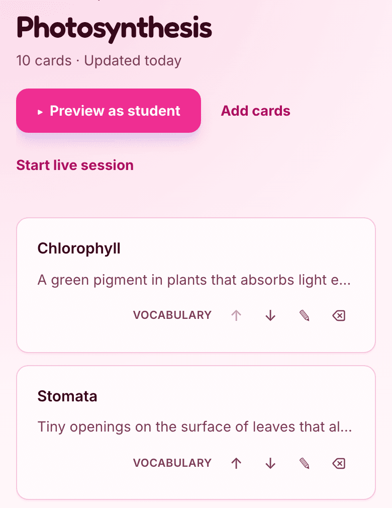 A Hippo deck created from one lesson: the Photosynthesis deck header with Preview as student, Add cards, and Start live session actions, and its first card rows