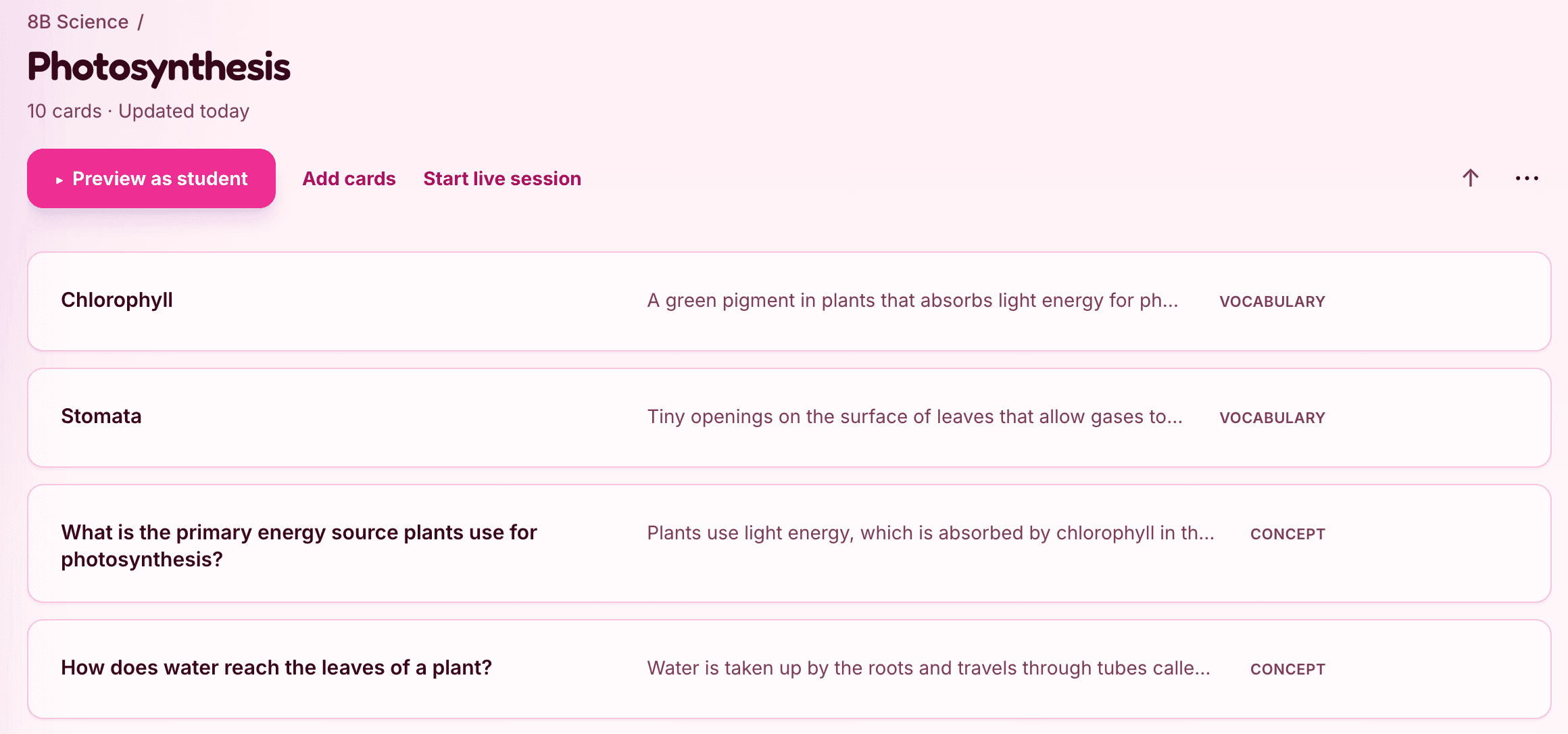 A Hippo deck created from one lesson: a Photosynthesis deck of ten cards with vocabulary and concept rows, and Preview as student, Add cards, and Start live session actions
