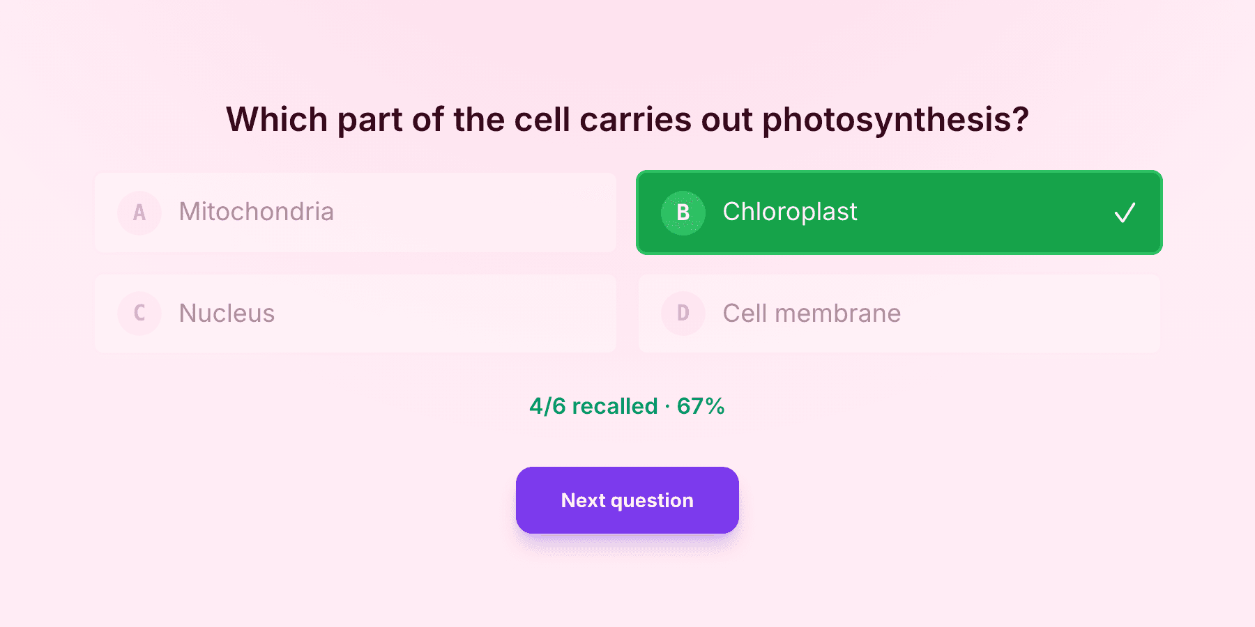 Standard Mode results on the teacher screen: the question revealed with the correct answer highlighted and the class recall count — 4 of 6 recalled