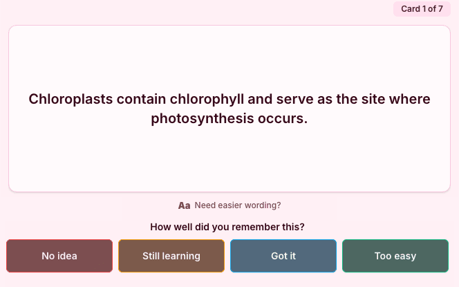 A Hippo study card after reveal: the Need easier wording? control sits between the revealed answer and the four rating buttons — No idea, Still learning, Got it, Too easy