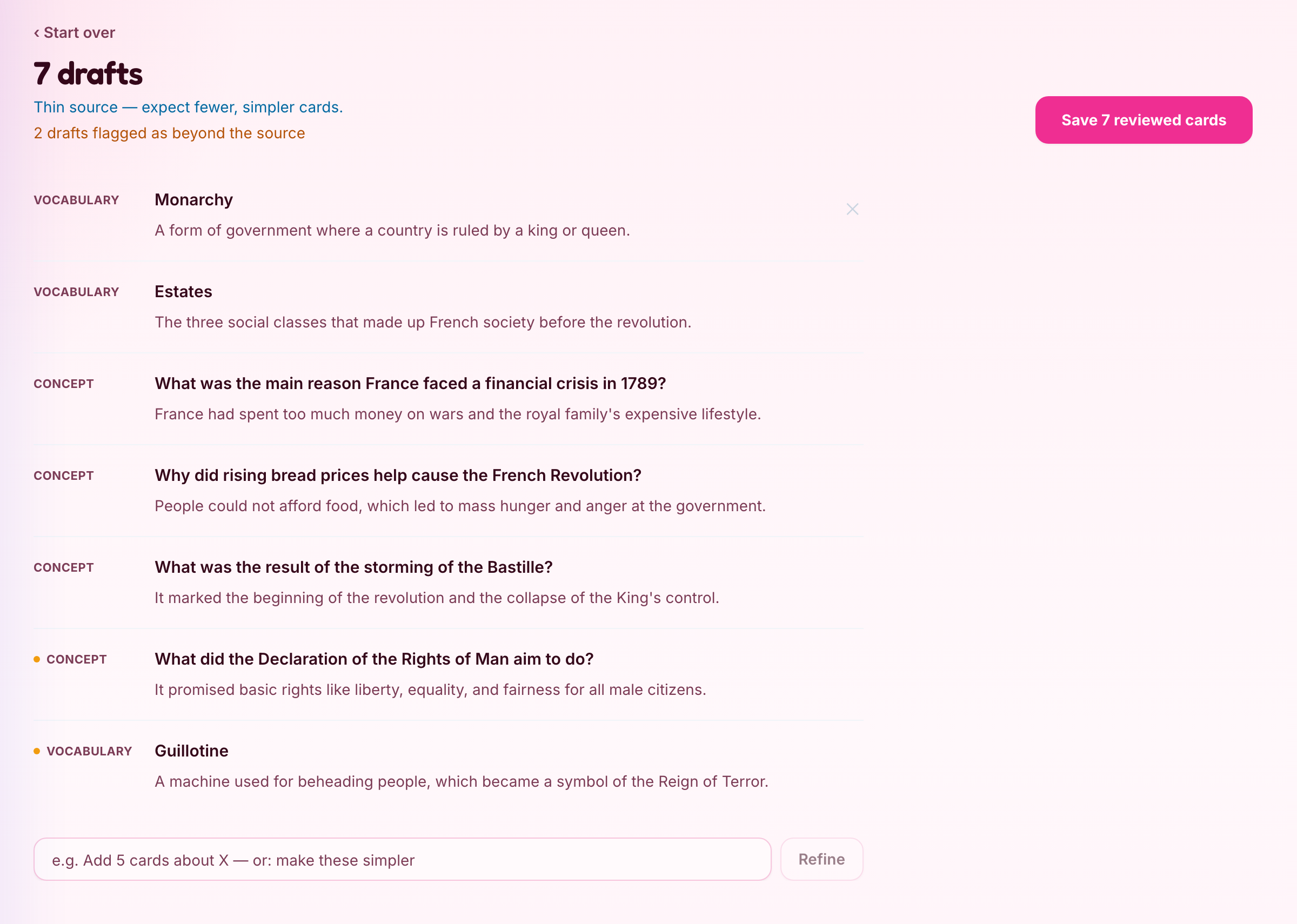 The Hippo review screen: seven drafted cards pending approval with a Save reviewed cards button, two drafts flagged as beyond the source, inline editing on every row, and a refine box for making cards simpler
